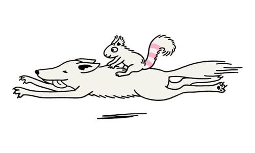 An illustration of a squirrel riding a wolf
