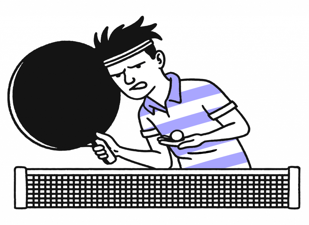 An illustration of a man playing table tennis with a large bat