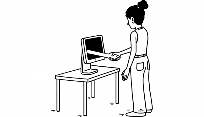 Woman shaking a hand that is coming out of a device