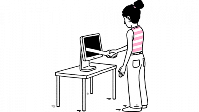 An Airband designed icon of a woman shaking hands with a computer monitor